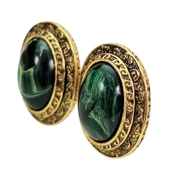 1928 Brand Gold Tone Green Oval Lucite Clip On Earrings - Picture 3 of 13